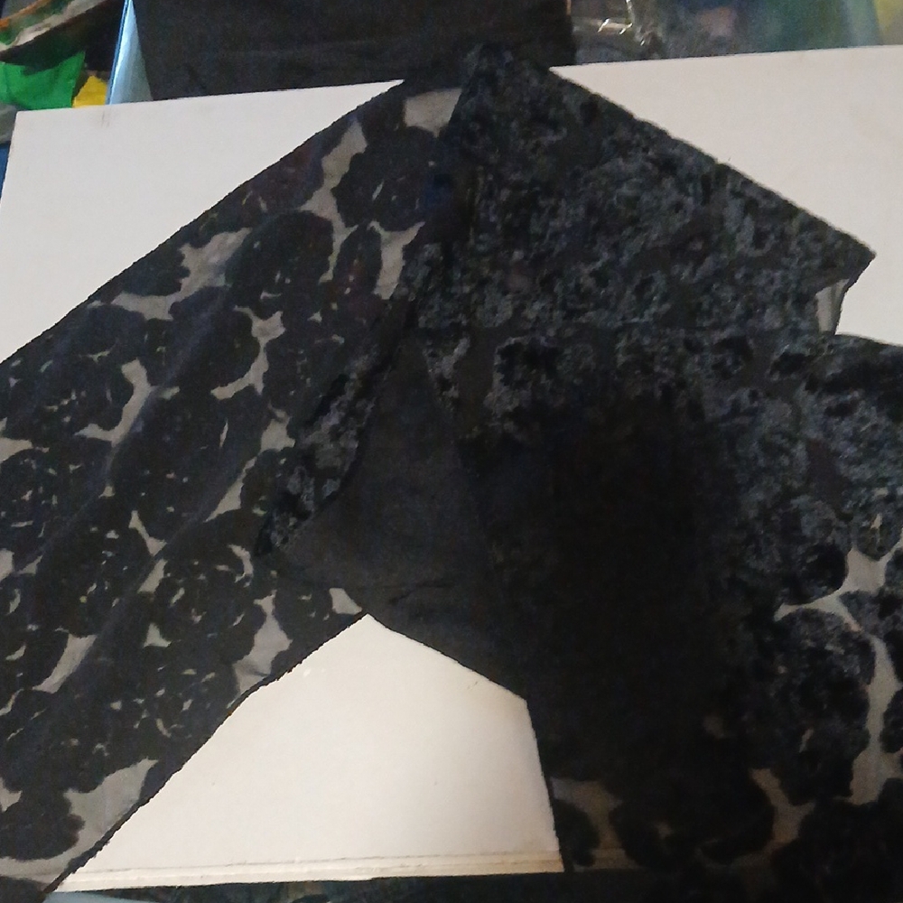 Beautiful Black Lacey Fabric Scarf With Raised Velour Type Floral Pattern.